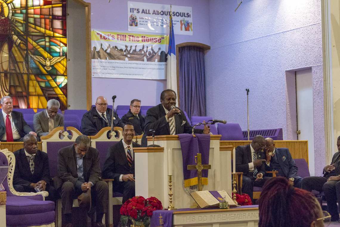 Bishop Wooten of Williams Temple Church of God in Christ during the Families Advocating Safe Streets December 31, 2017, candlelight service honoring homicide victims.
