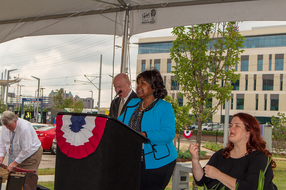 Photo from the grand opening of Cortex Metrolink station, July 31, 2018.