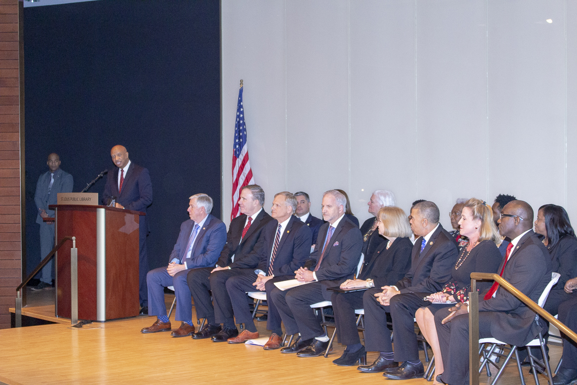 Photo from the December 13, 2018 ceremony held at the St. Louis Central Library transferring land from the City of St. Louis to the National Geospatial-Intelligence Agency.