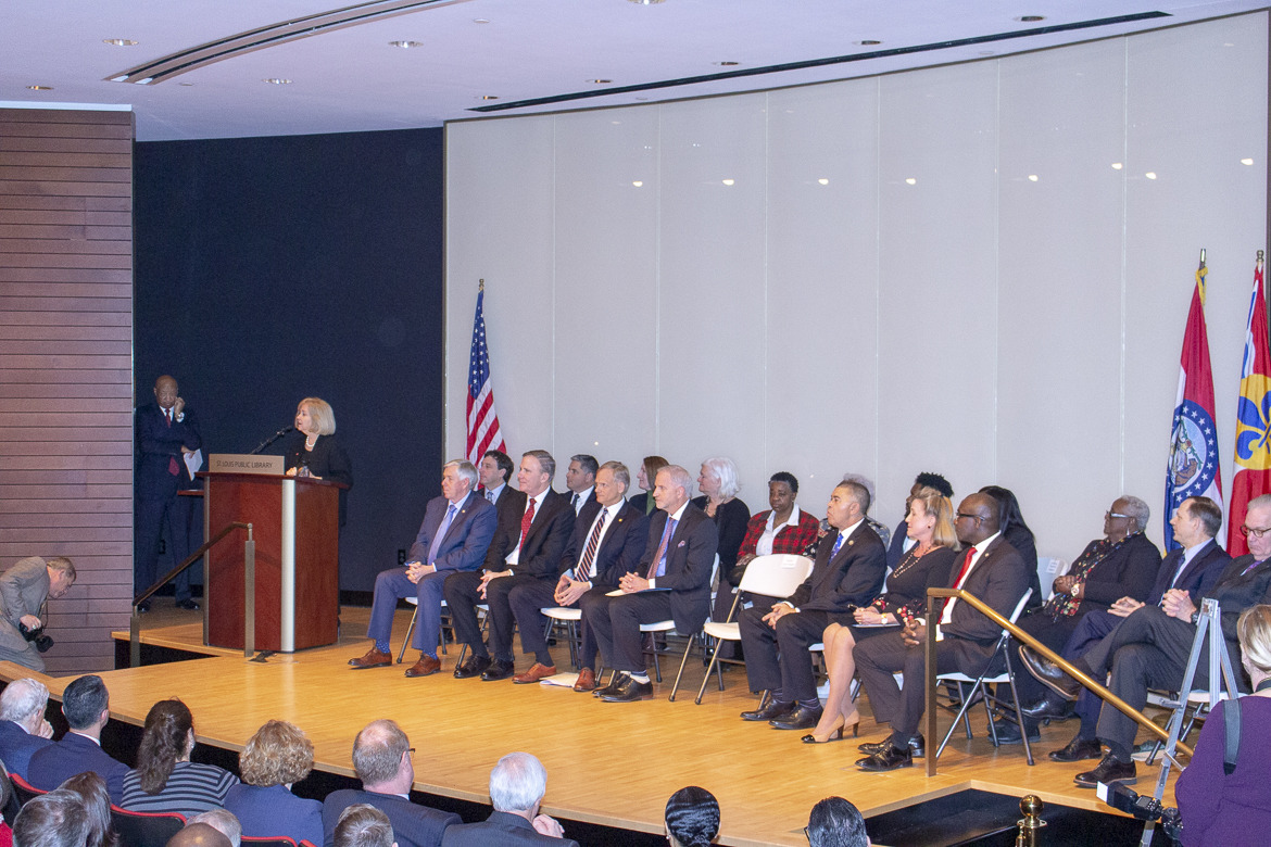Photo from the December 13, 2018 ceremony held at the St. Louis Central Library transferring land from the City of St. Louis to the National Geospatial-Intelligence Agency.