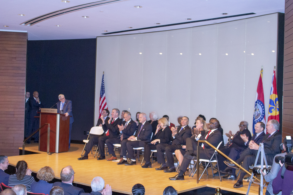 Photo from the December 13, 2018 ceremony held at the St. Louis Central Library transferring land from the City of St. Louis to the National Geospatial-Intelligence Agency.
