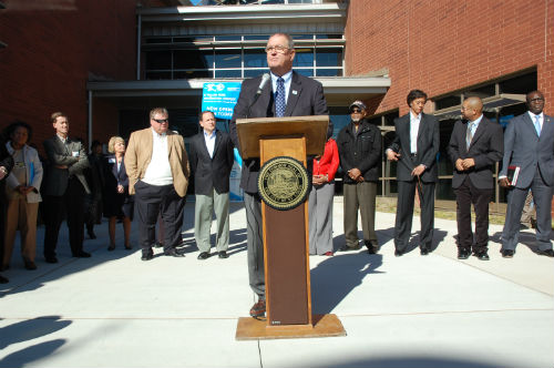 Gary Schlansker - CEO YMCA of Greater St Louis makes opening remarks at the ribbon cutting ceremony for the new O'Fallon Park Recreation Complex on Jan. 19, 2013.
