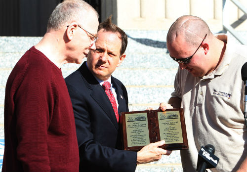 John Eckhoff, Mayor Slay, Joshua Eckhoff at ceremony before Veterans Day Parade Nov. 10, 2012.