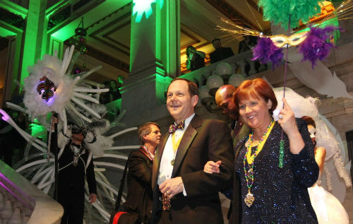 Mayor and Mrs. Slay are introduced at the 2014 Mardi Gras Ball held at City Hall on Friday, Feb. 28.  (Photo by Bill Greenblatt)