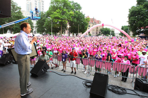 Mayor Slay addresses the participants at the 15th Komen Race for the Cure held in St. Louis on June 15, 2013.
