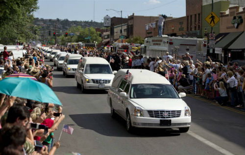 Funeral procession on July 7, 2013 in Prescott, AZ for 19 fallen firefighters.