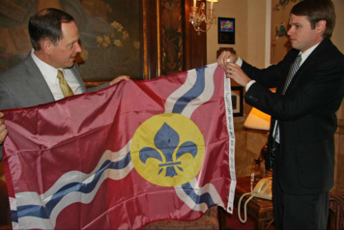 Mayor Francis G. Slay receives a City flag from WashU Engineer Richard Bose on Wednesday, June 5, 2013.