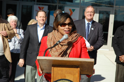 Senator Jamilah Nasheed makes remarks at the ribbon cutting ceremony for the new O'Fallon Park RecPlex on Jan. 19, 2013.