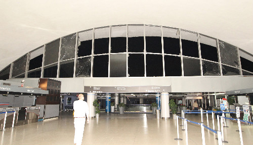 Many of the windows in the Main Terminal at Lambert Airport were blown out by the tornado that struck the night of April 22, 2011.